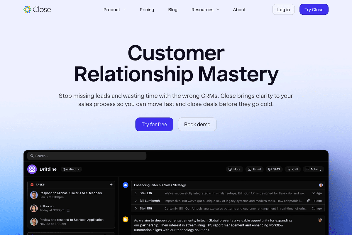 Close homepage interface screenshot