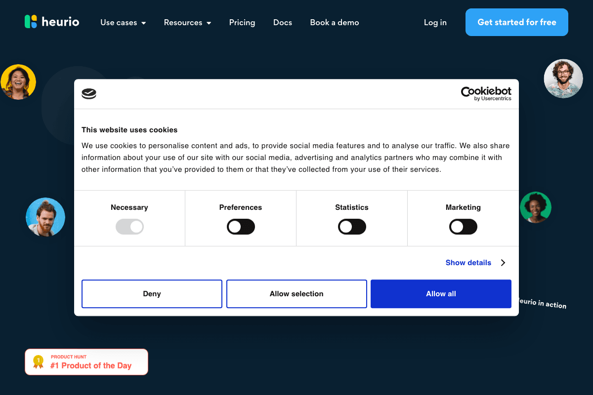 Heurio homepage interface screenshot