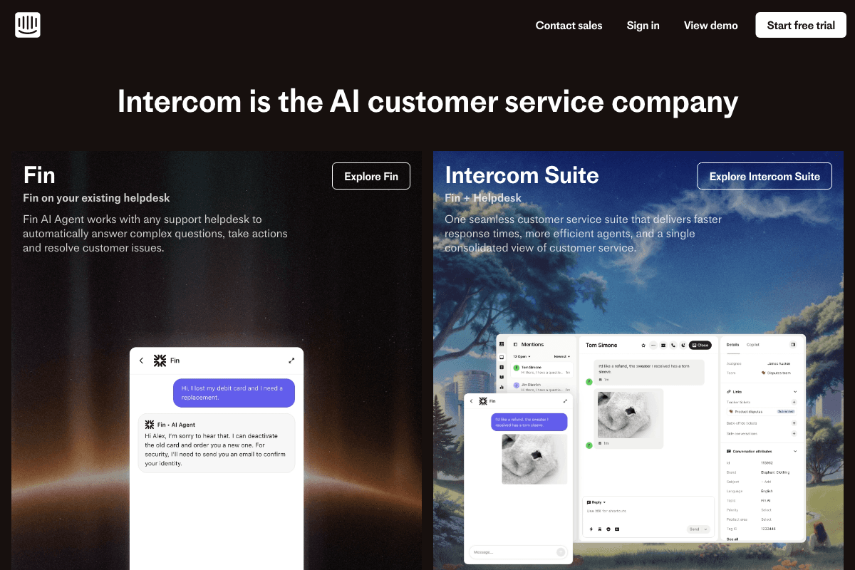 Intercom homepage interface screenshot