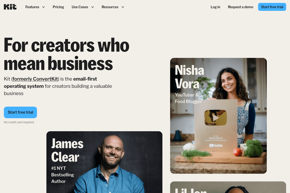 Kit homepage interface screenshot