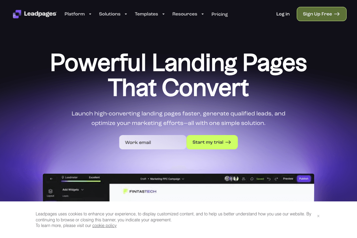 Leadpages homepage interface screenshot