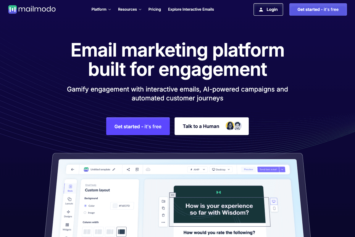 Mailmodo homepage interface screenshot