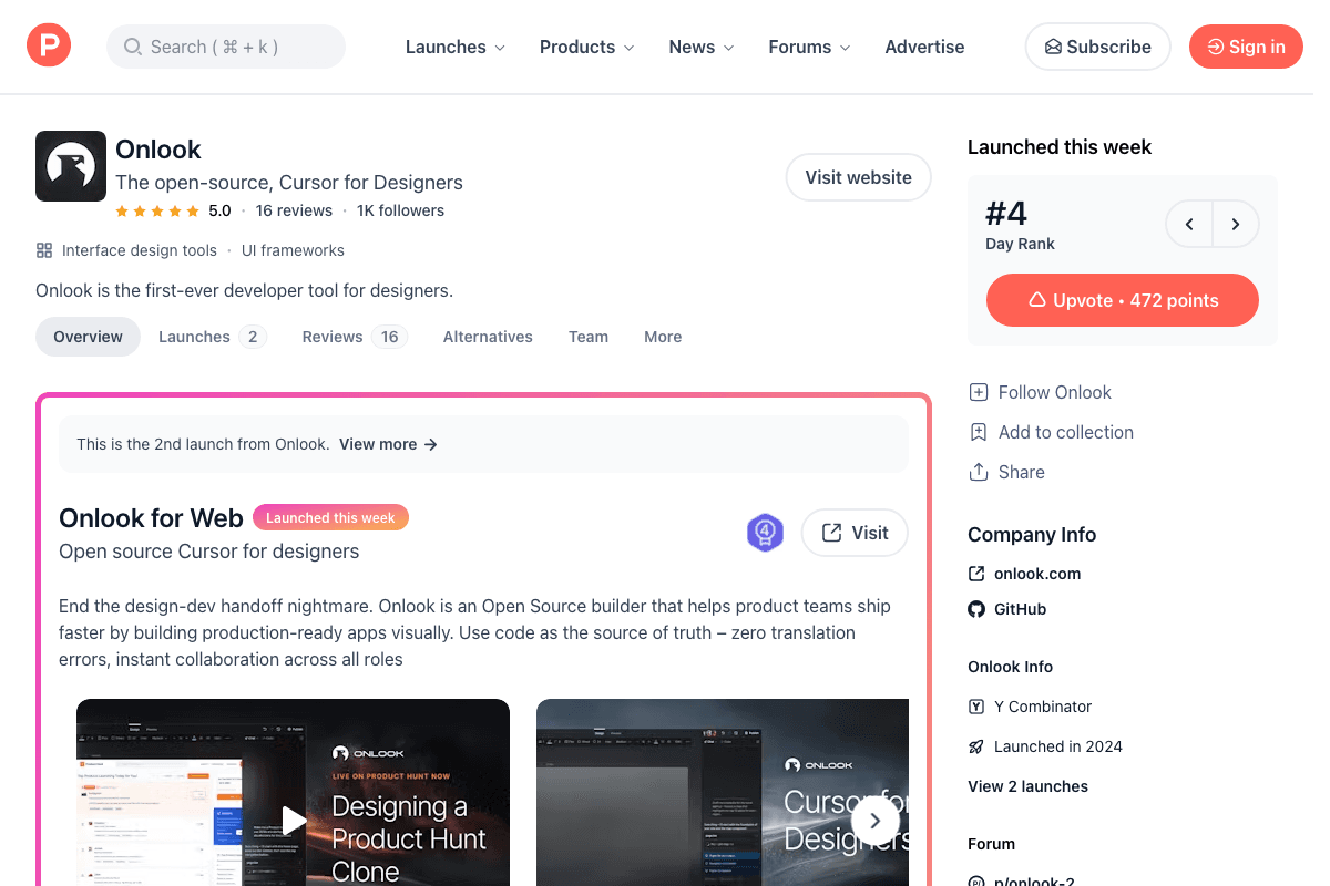 Onlook for Web homepage interface screenshot