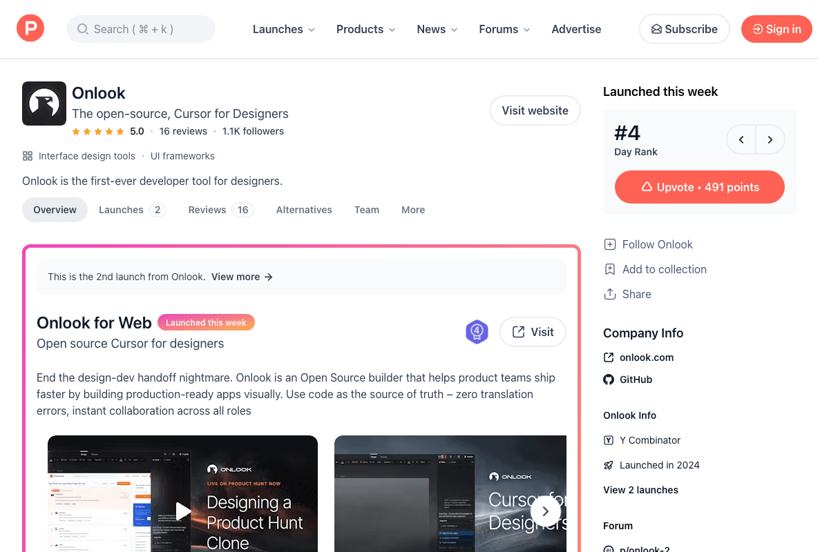 Onlook for Web homepage interface screenshot