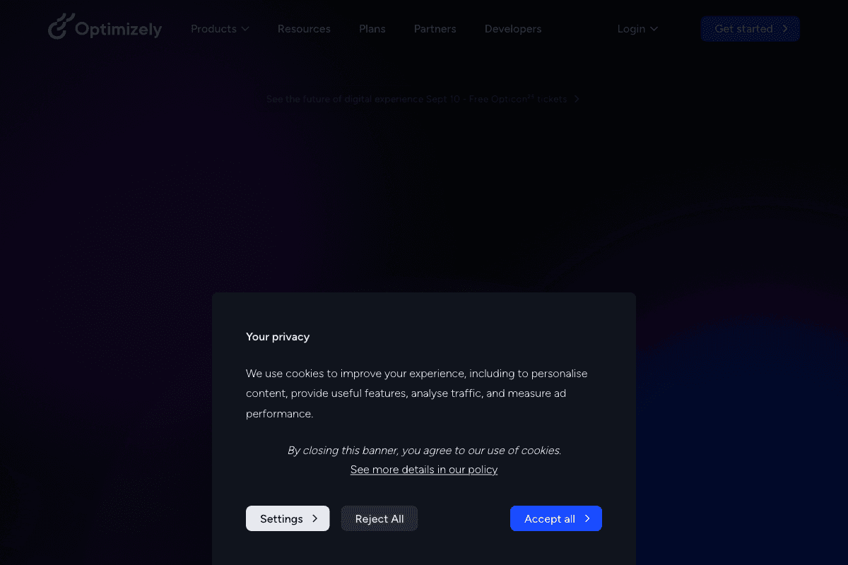 Optimizely homepage interface screenshot