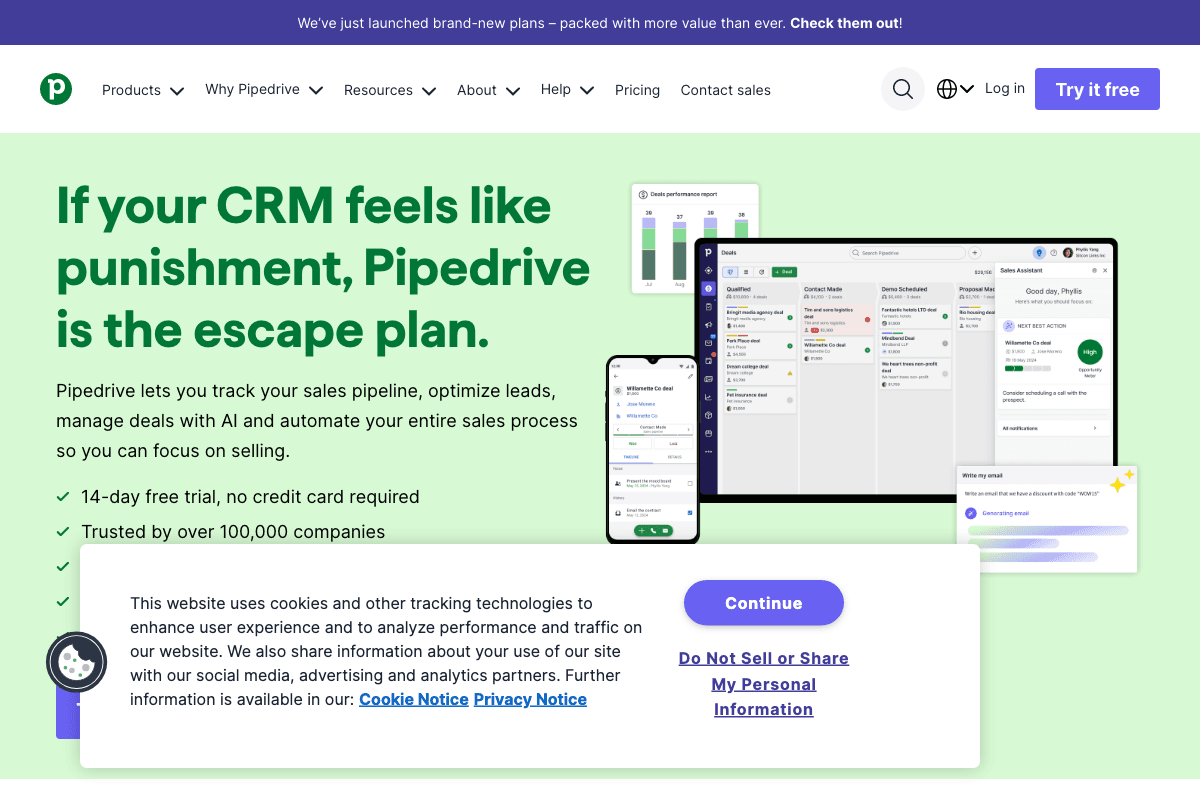 Pipedrive homepage interface screenshot