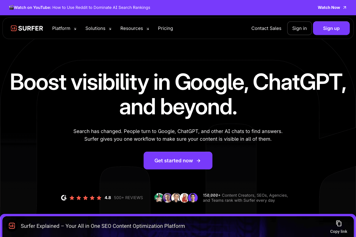 Surfer homepage interface screenshot