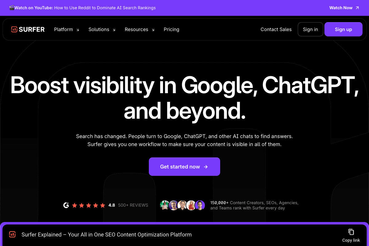 Surfer homepage interface screenshot