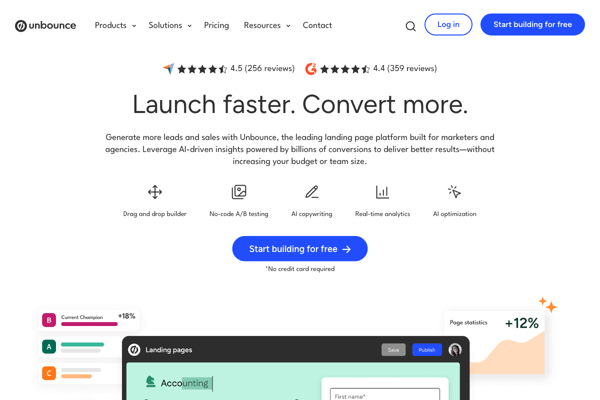 Unbounce homepage interface screenshot