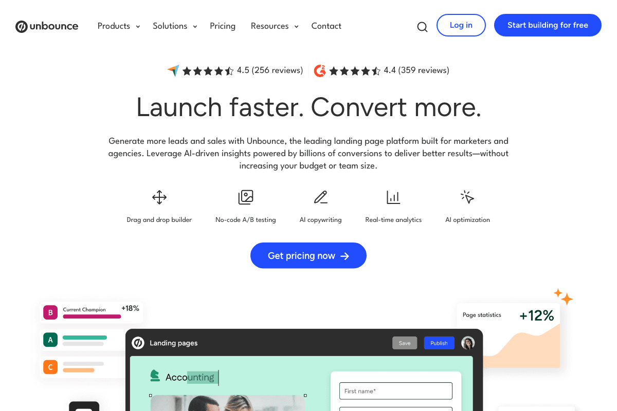 Unbounce homepage interface screenshot