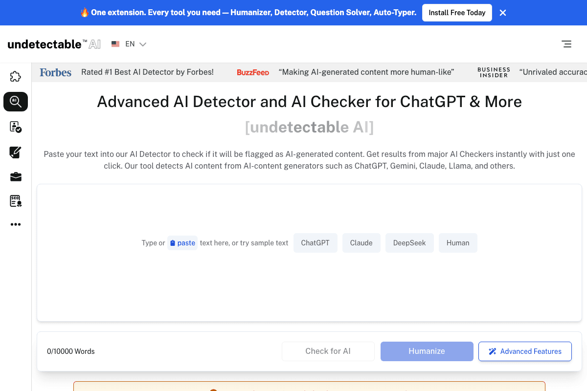 Undetectable AI homepage interface screenshot