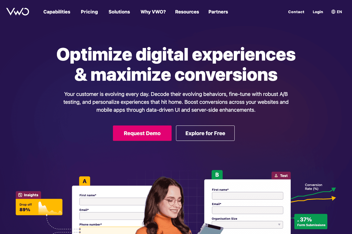 VWO homepage interface screenshot
