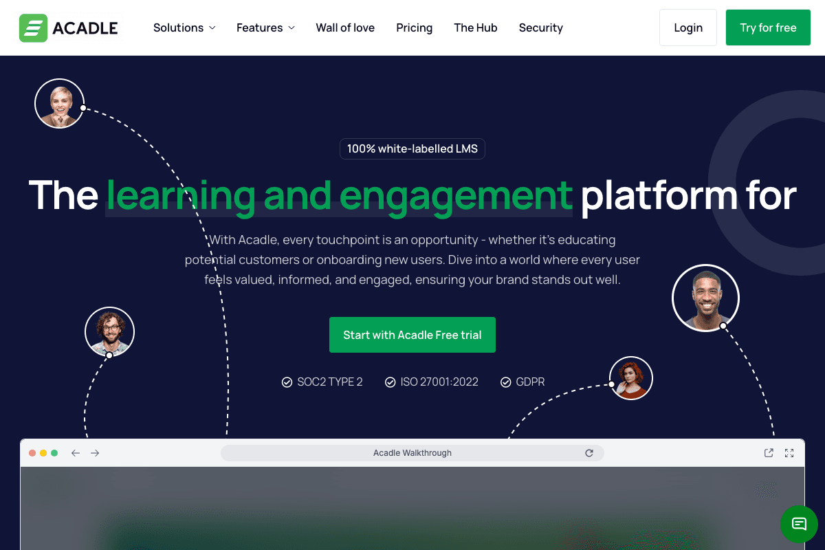 Acadle homepage interface and features - marketing tool review