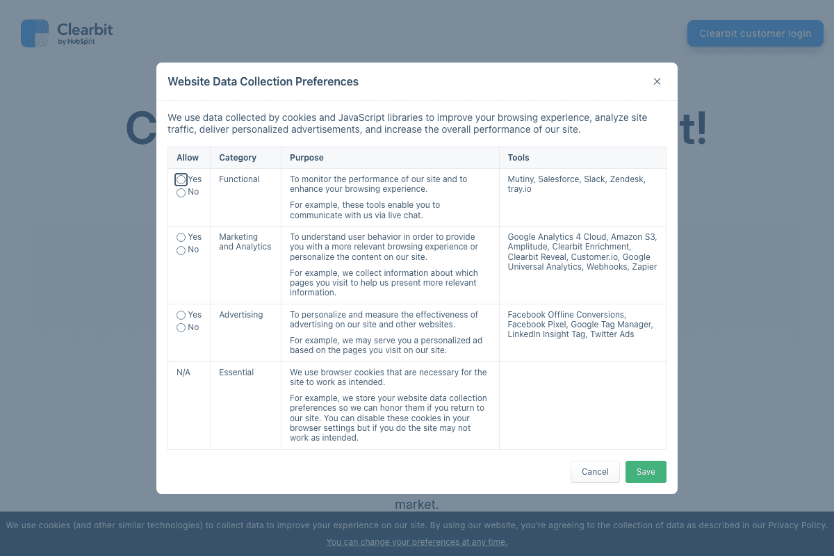 Clearbit homepage and features