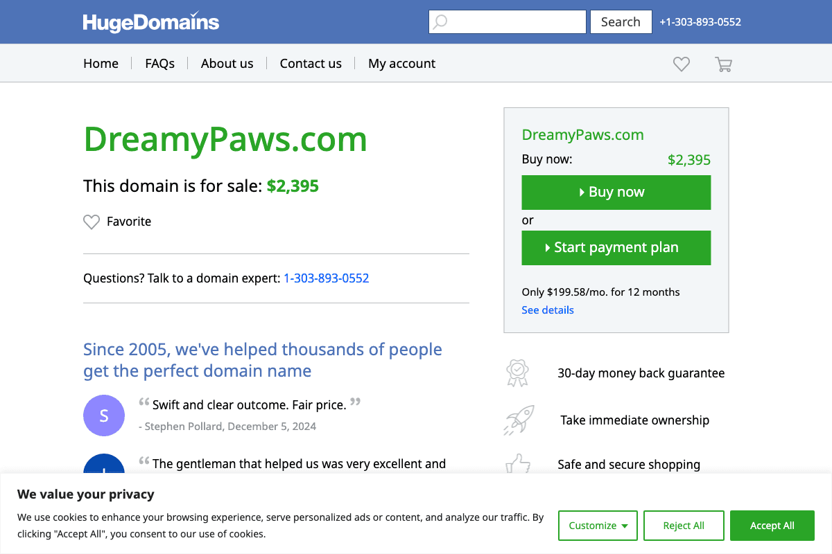Dreamy Paws homepage interface and features - marketing tool review