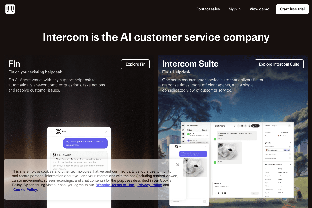 Intercom homepage interface screenshot