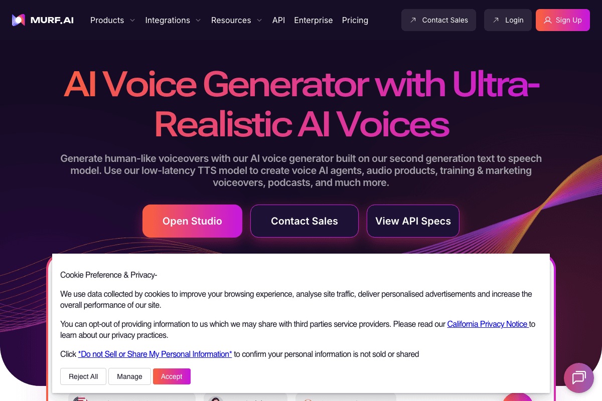 Murf homepage interface and features - marketing tool review