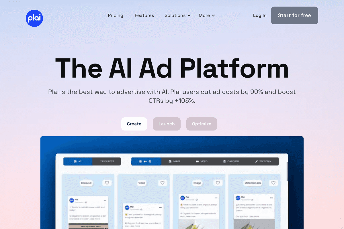 Plai AI homepage interface and features - marketing tool review