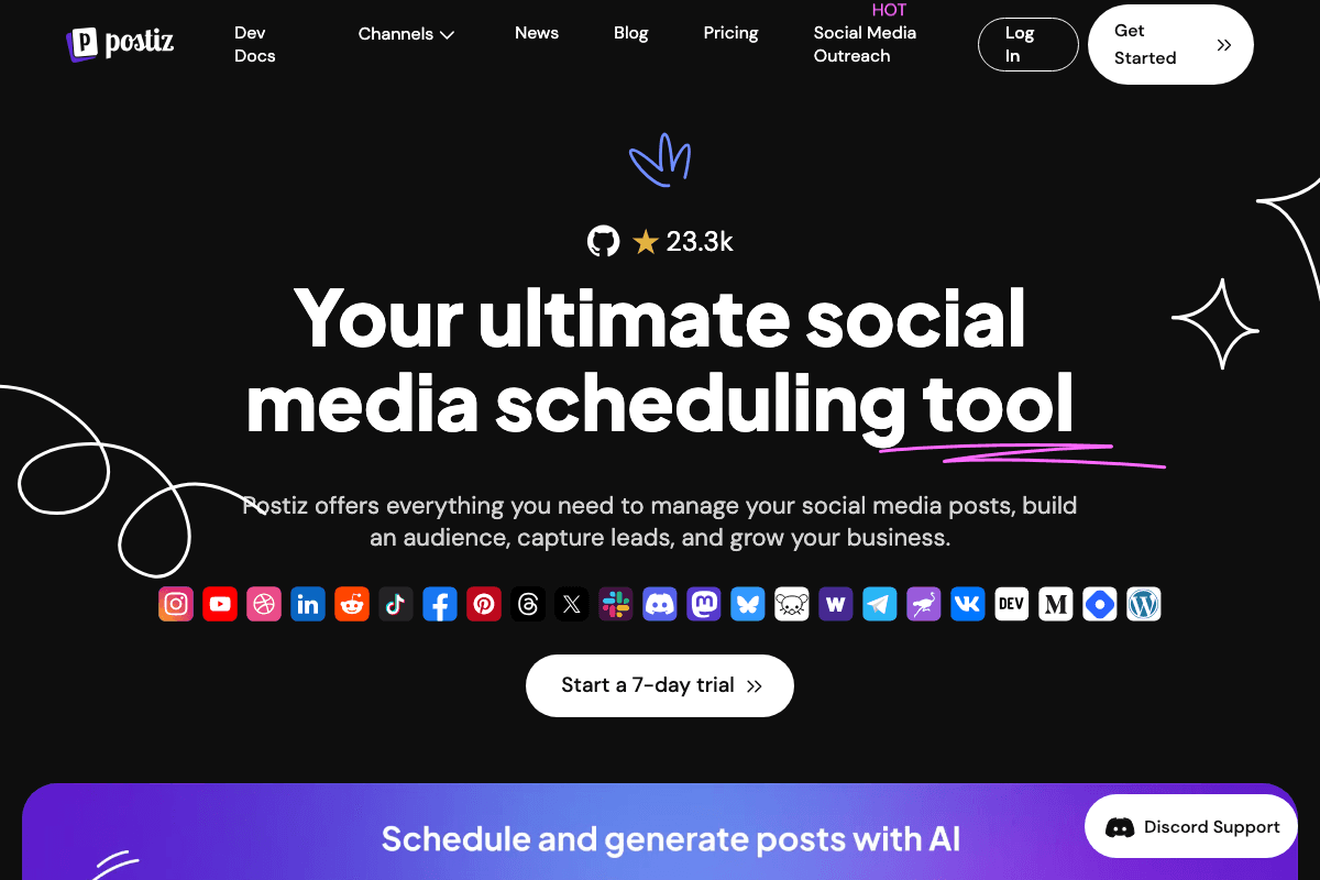 Postiz homepage interface and features - marketing tool review