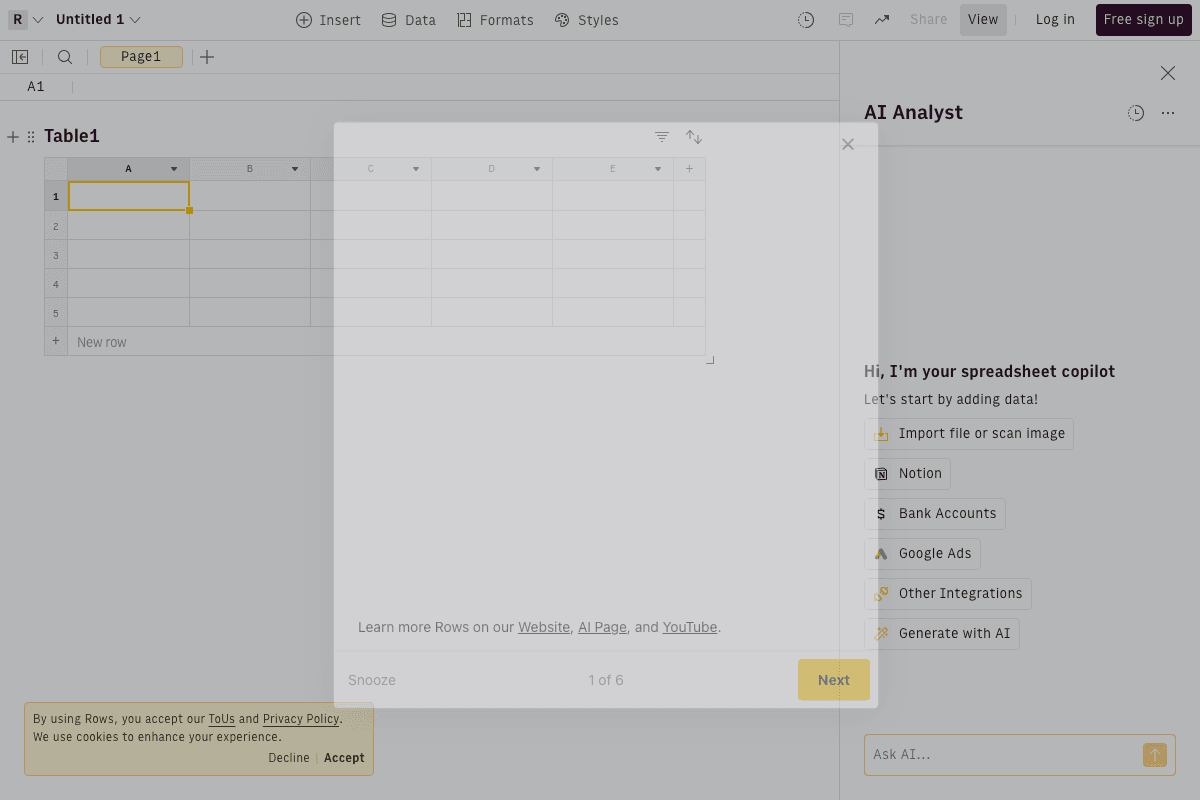 Rows AI homepage interface and features - marketing tool review
