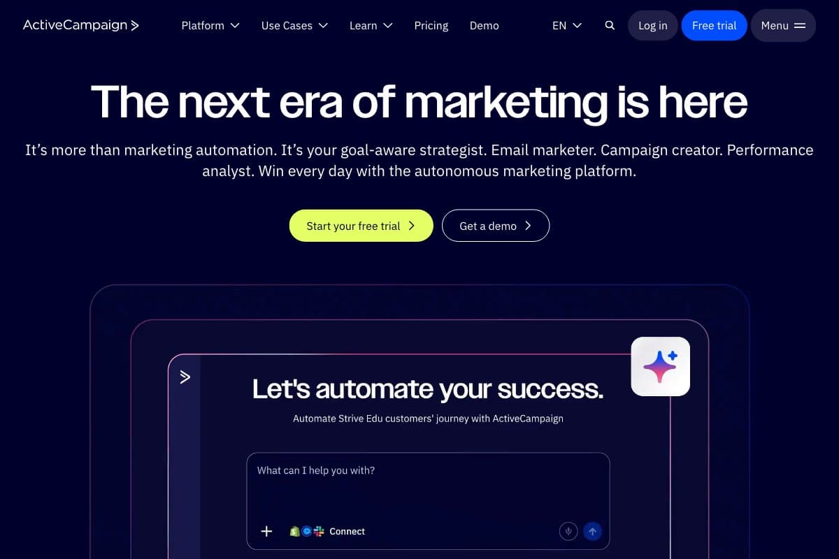 ActiveCampaign homepage interface screenshot