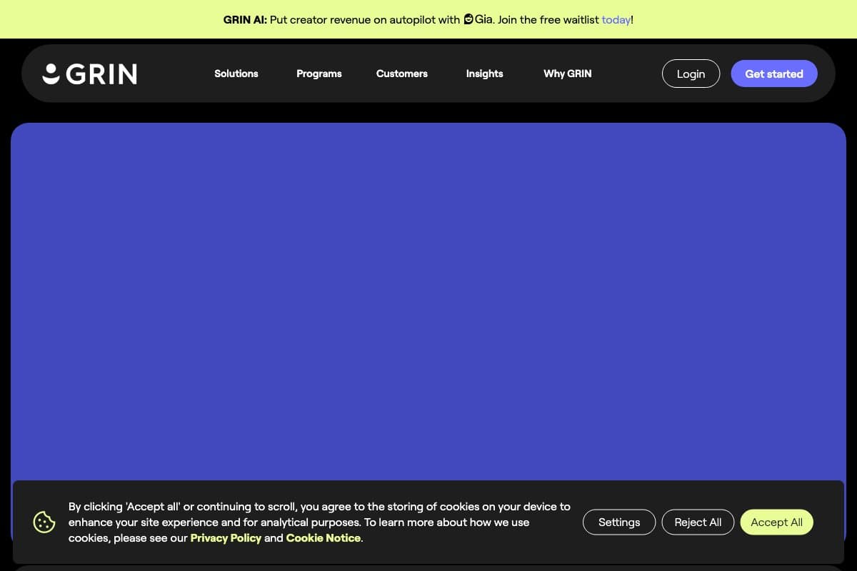 Grin homepage interface screenshot