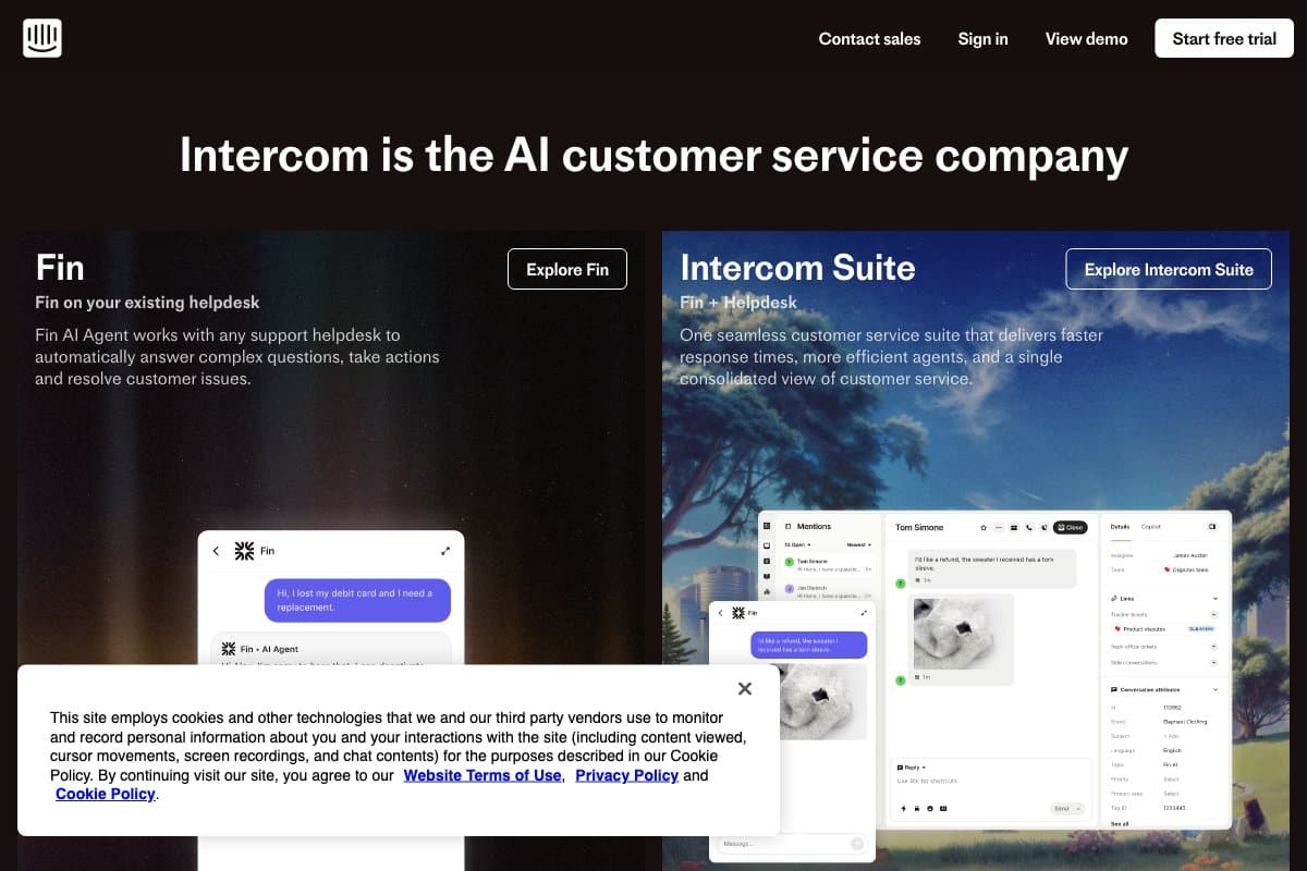 Intercom homepage interface screenshot