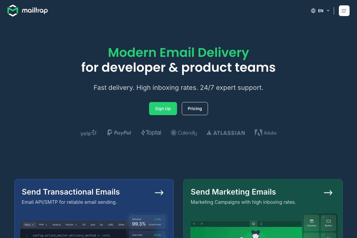 Mailtrap homepage interface screenshot