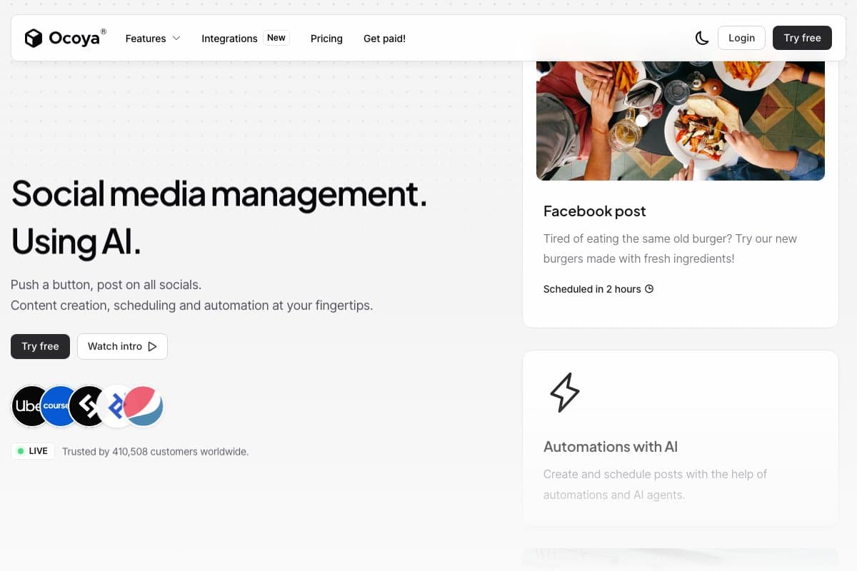 Ocoya homepage interface screenshot