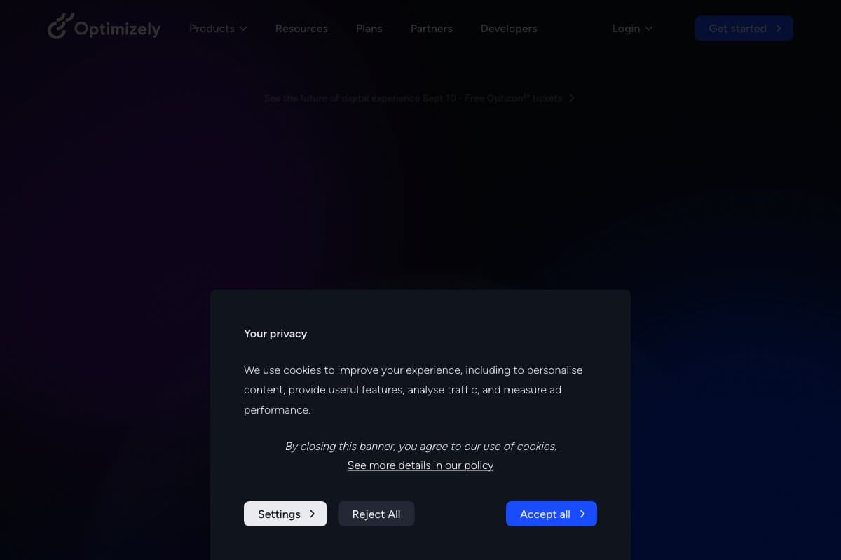 Optimizely homepage interface screenshot