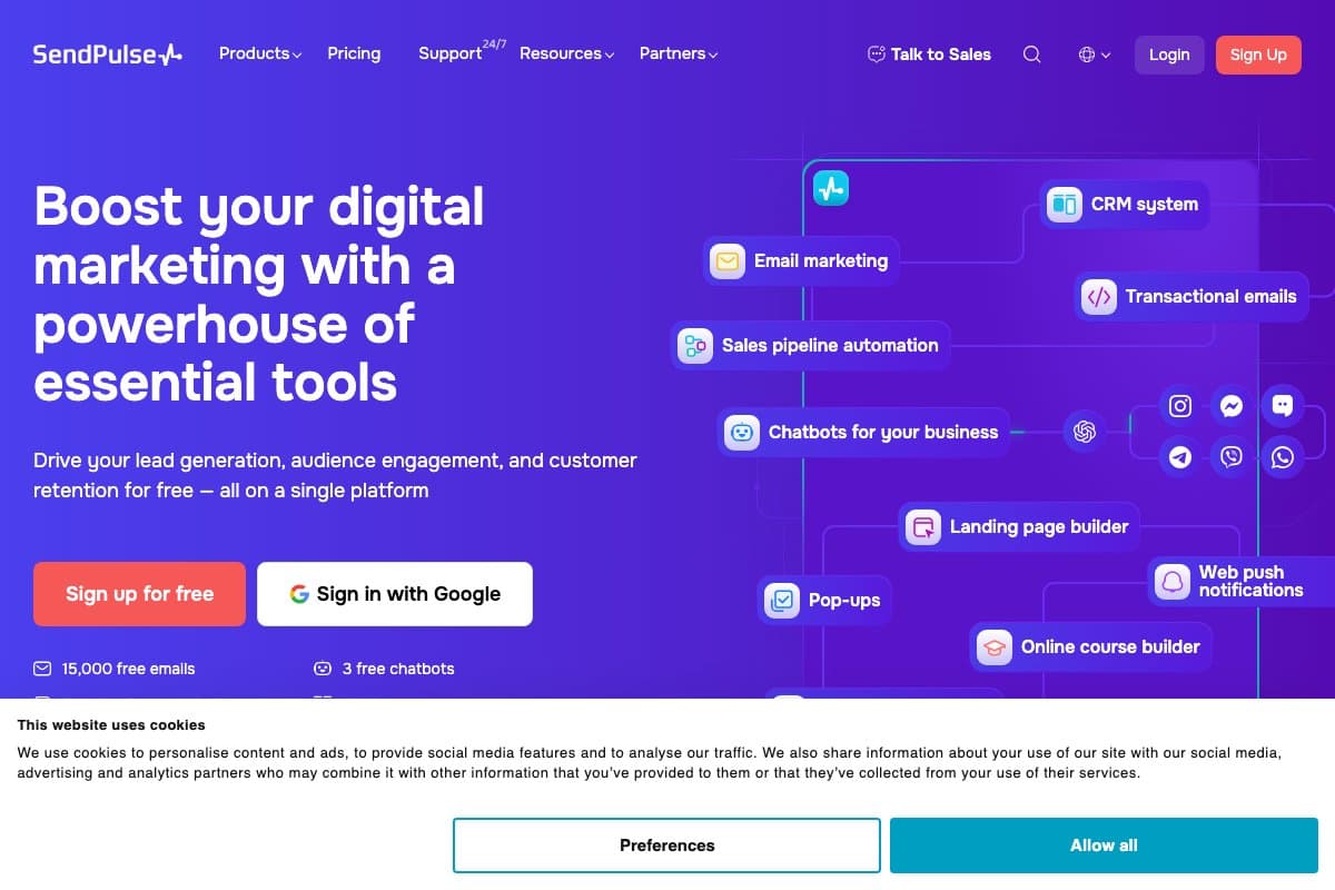 SendPulse homepage interface screenshot