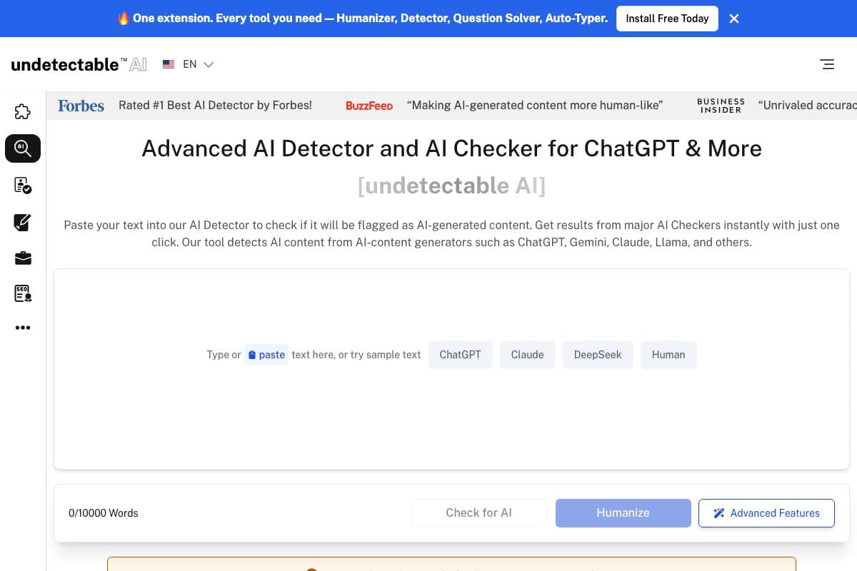Undetectable AI homepage interface screenshot