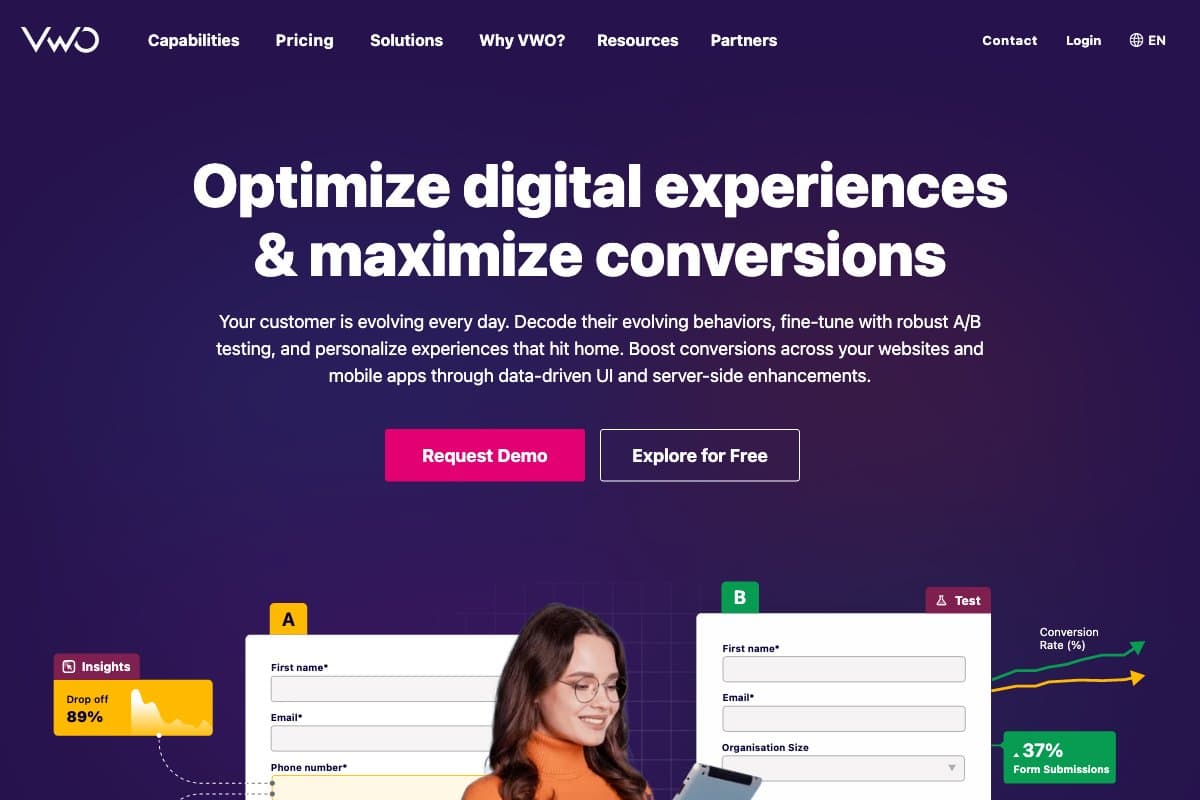 VWO homepage interface screenshot
