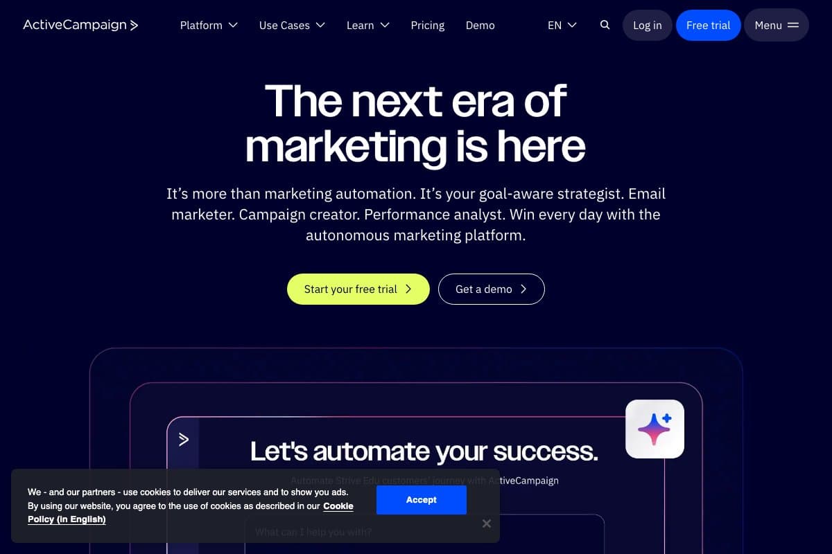 Active Campaign homepage interface and features - marketing tool review