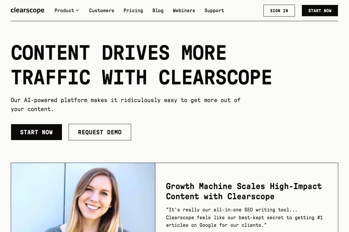 Clearscope homepage interface and features - marketing tool review