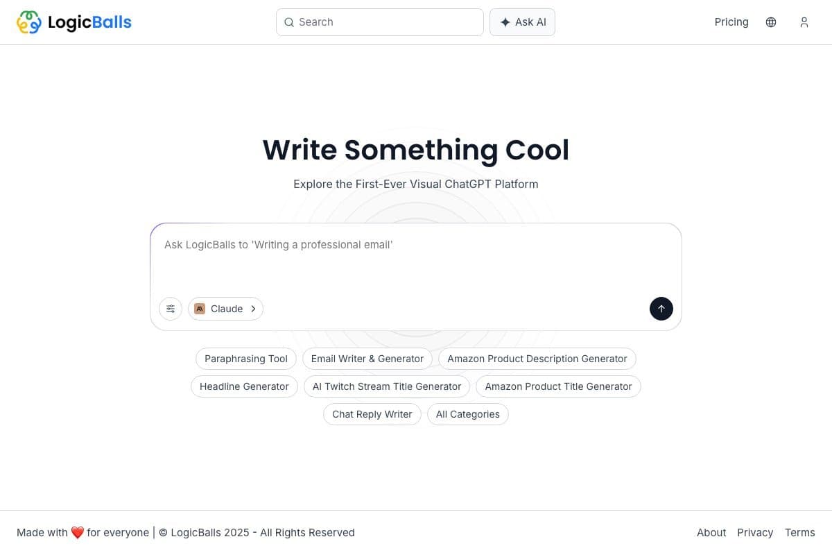 Logicballs homepage interface - marketing tool review