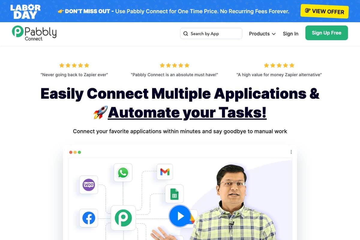 Pabbly Connect homepage interface and features - marketing tool review