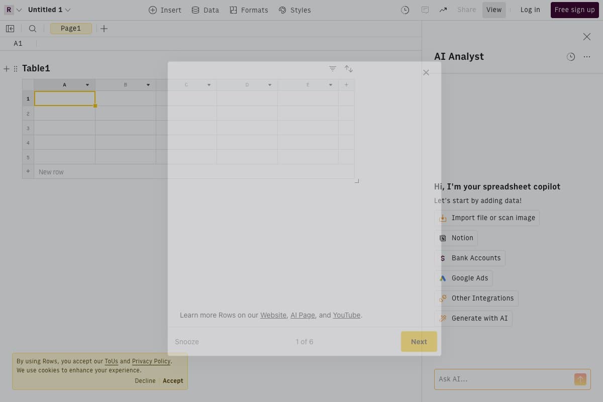Rows AI homepage interface and features - marketing tool review
