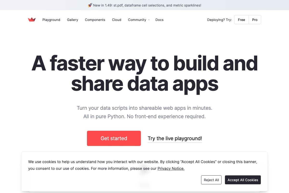 Streamlit homepage interface and features