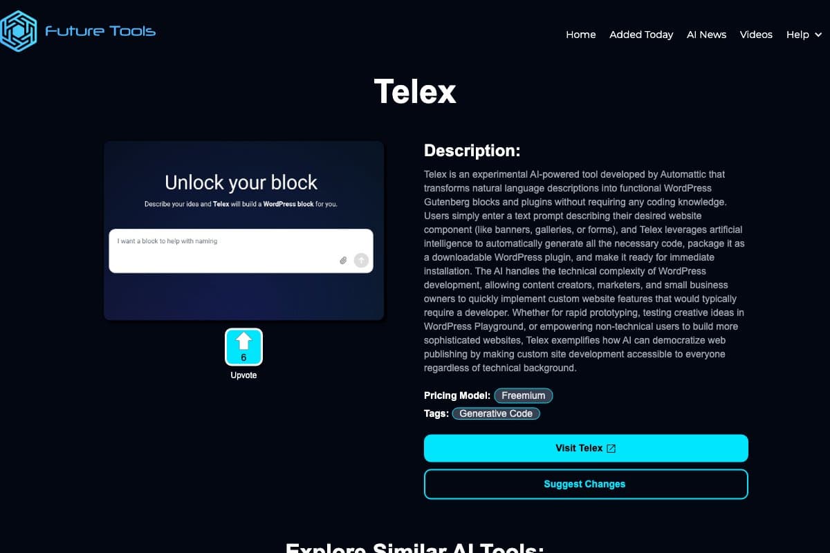Telex homepage interface screenshot