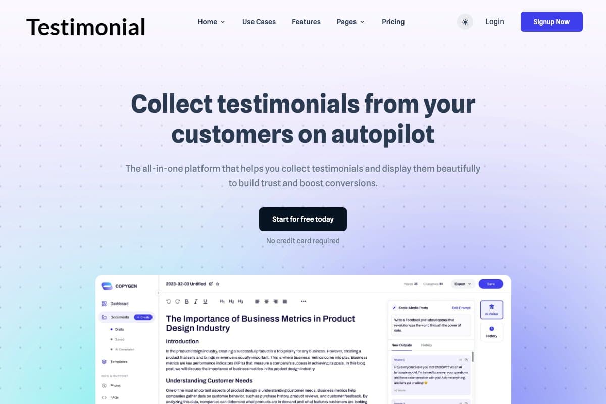 Testimonial To homepage interface and features - marketing tool review