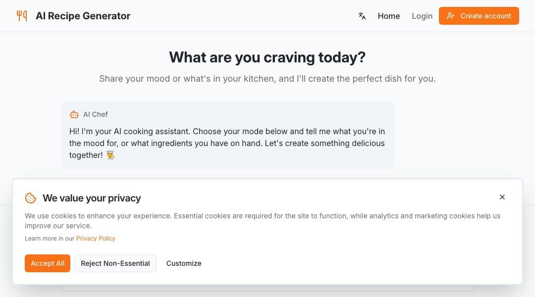 Ai Recipe Generator homepage interface - marketing tool review