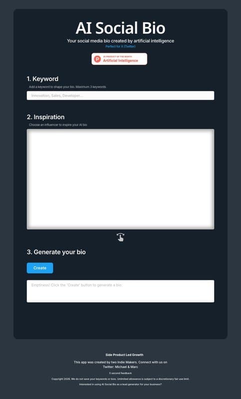 AI Social Bio homepage interface - marketing tool review