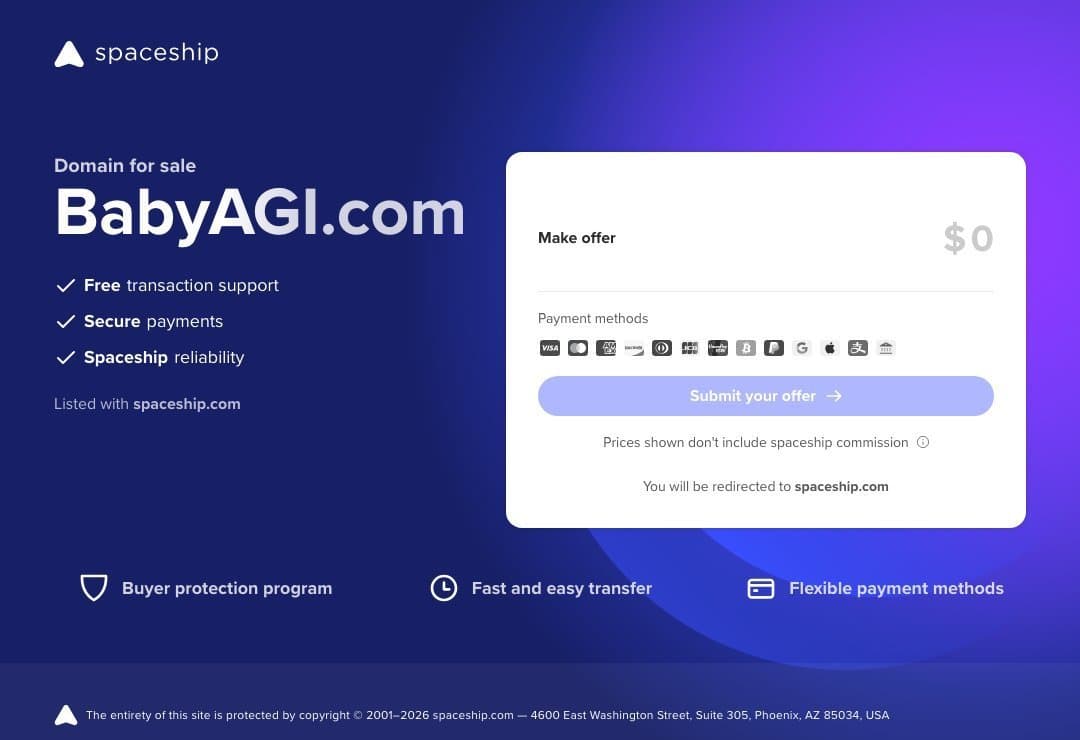 Baby AGI homepage interface - marketing tool review