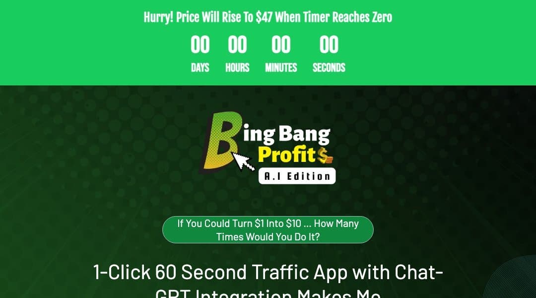 Bing Bang Profits homepage interface - marketing tool review