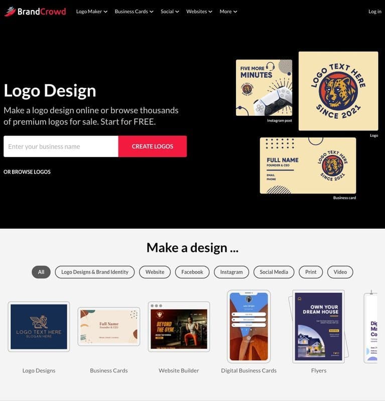 Brandcrowd homepage interface - marketing tool review