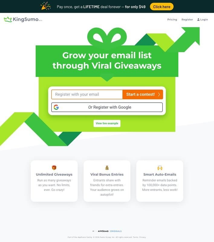 KingSumo homepage interface - marketing tool review