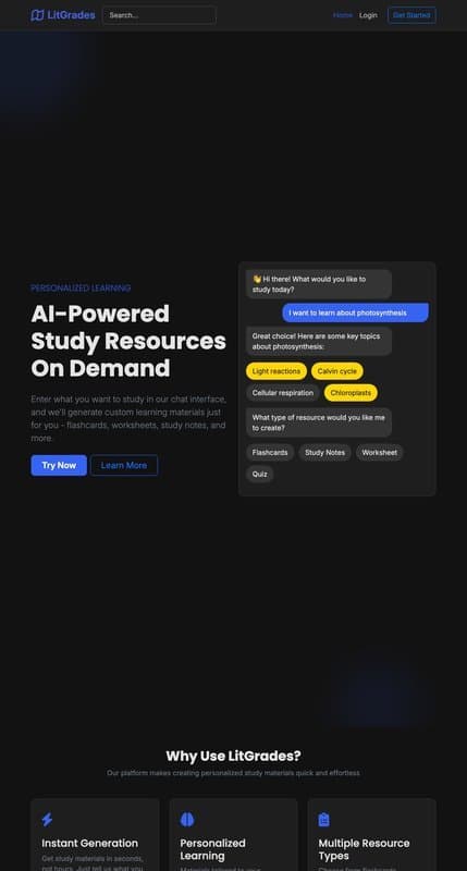 LitGrades homepage interface - marketing tool review