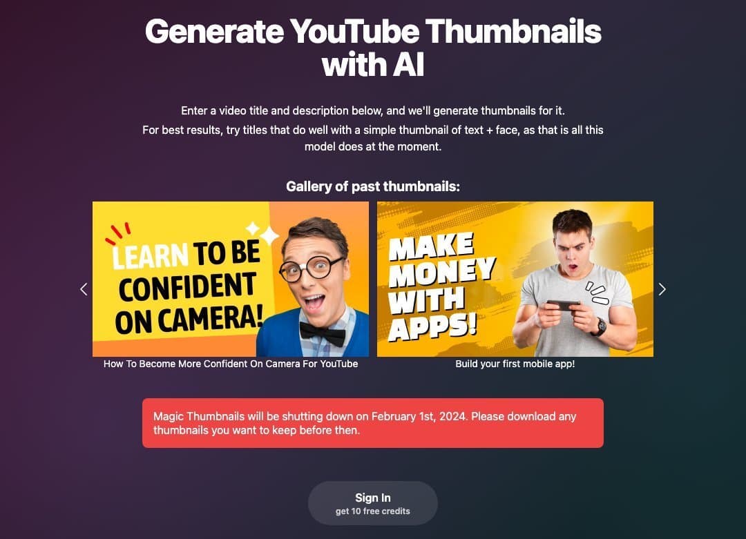 MagicThumbnails homepage interface - marketing tool review