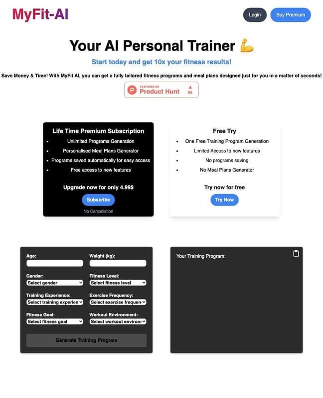 Myfit-ai homepage interface - marketing tool review